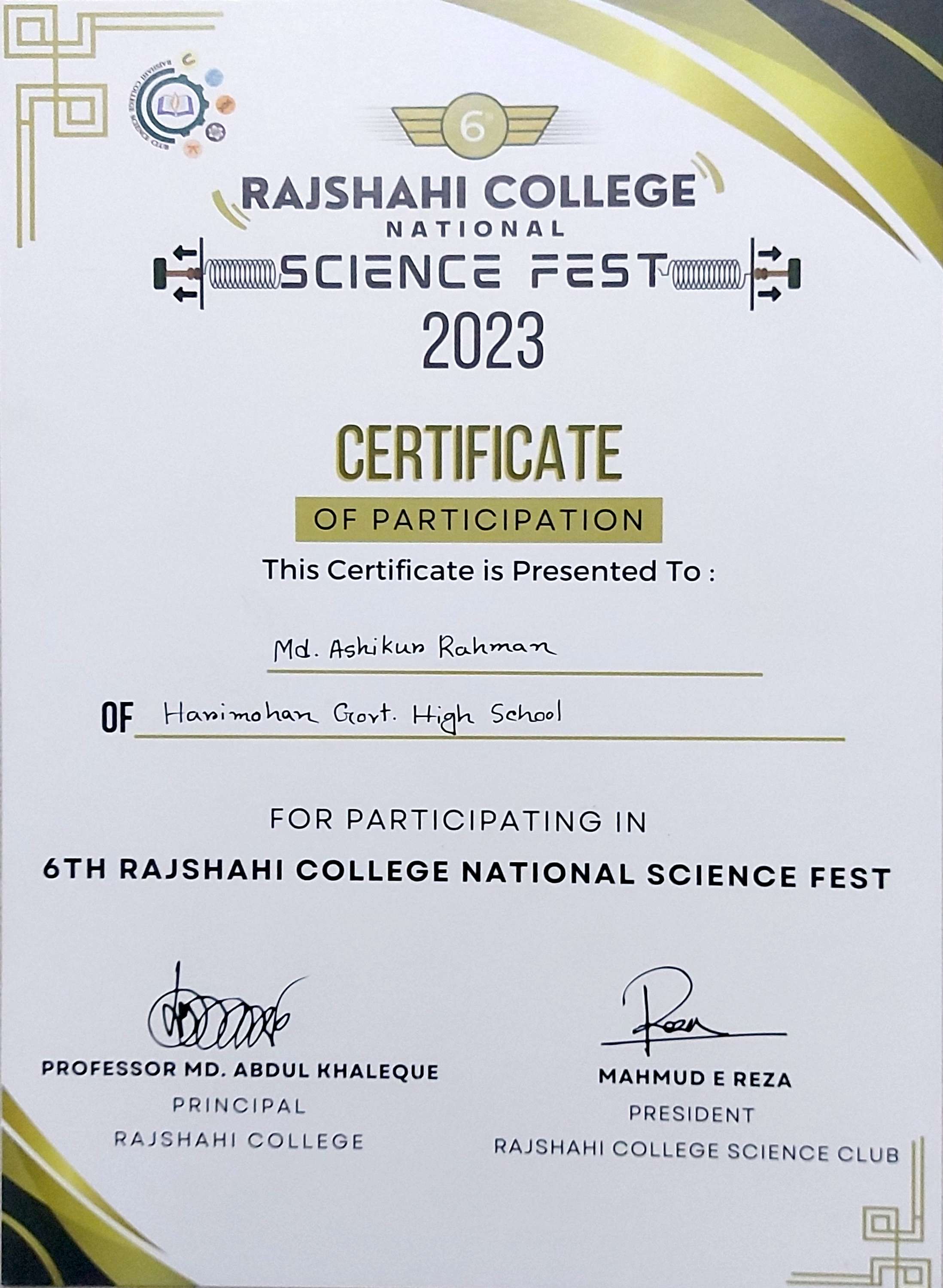 Certificates of Md. Ashikur Rahman (Ayon) from Rajshahi Collage Science Club